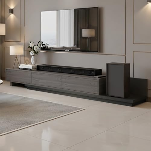 TFFCIC Extendable TV Unit for Living Room - Extra Long 200-330cm TV Stand Cabinet with 3 Drawers for 65-85-100 TVs (Dark Walnut + Black)