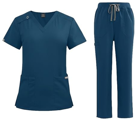 Meichoon Scrub Suit Set Short Sleeve Unisex V Neck Top with 2 Pockets Straight Leg Pants with Adjustable Waist Medical Uniform DK86