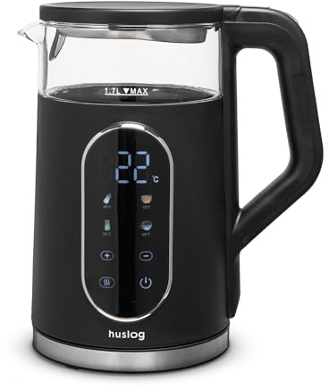 huslog Hervidor de Agua Eléctrico de Cristal 1,7L 2200W con Panel Táctil y Pantalla LED, Control de Temperatura 40-90°C, Función Keep Warm 2h, Vidrio Borosilicato, Base 360°, Libre de BPA, Negro