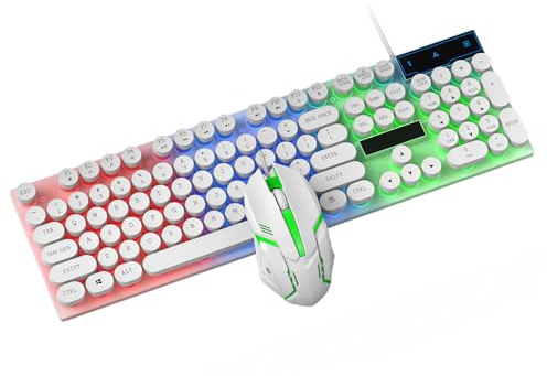 YUEHISY Wired Gaming Keyboard and Mouse Combo, Colorful LED Backlit with Steam Punk Keycaps, 104 Keys 6 Key Anti Ghosting, 1000DPI Optical Mouse for PC Players (White)