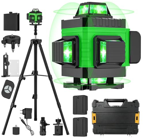 Nivel Laser Autonivelante 4 X 360°, Nivel Láser con Trípode, Laser Nivel Verde 4D 16 Líneas con 2 Baterías de 2400mAh, Base Magnético, Bolsa Portátil, IP54 Impermeable, para Interior y Obra (Verde)