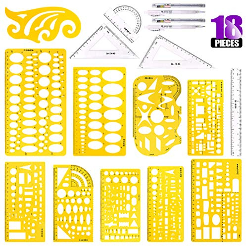 Sweet - Juego de 18 diseños geométricos de plástico amarillo, 10 diseños geométricos diferentes con 2 lápices y 5 reglas de medición