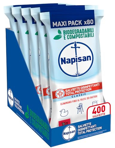 Napisan Salviette Disinfettanti Total Protection, Confezione da 5 Pacchi x 80 Salviette Disinfettanti Biodegradabili e Compostabili Multisuperfici