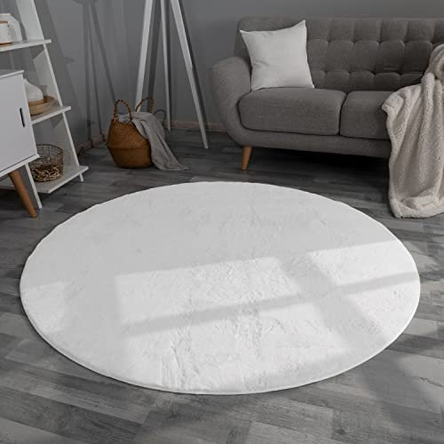 TT Home Wohnzimmer Teppich Hochflor Langflor Kunstfell Weich Modern Unifarben Flauschig, Farbe:Weiß, Größe:120 cm Rund