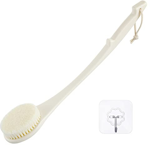Body Brush Back Scrubber, 17 in Never Mold Back Brush Long Handle for Shower, Exfoliating Brush Dry Brushing Body Brush for Men Women Elderly Deep Exfoliation Soft Glowing Skin (Cream White)