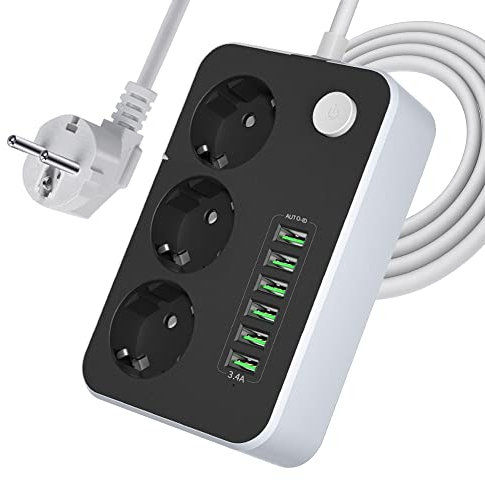 Lotvic Steckdosenleiste 3-Fach, Mehrfachsteckdose mit 3 Fach Steckdosen und 6 USB, Steckdosen-Adapter mit Kindersicherung, Steckerleiste mit 2m Kabellänge, für Smartphones, Laptop, Schwarz