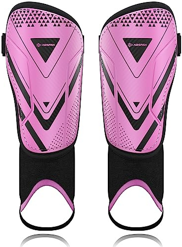 Upgraded Soccer Shin Guards for Kids Youth, CE Certified AirsFish Shin Ankle Guard Sleeves Protection Gear for Boys Girls Soccer Games EVA Cushion Reduce Shocks and Injuries (Small, Pink)