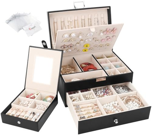 Casiwaft Caja Joyero con 2 Niveles de PU, Caja Joyero con Cajones, Caja Organizador de Joyas con Estuche para Joyería Portátil para Joyas para collares, pendientes, anillos, relojes, Negro