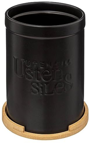 5five - barattolo per utensili in ceramica nera naturéo con coperchio in bambù