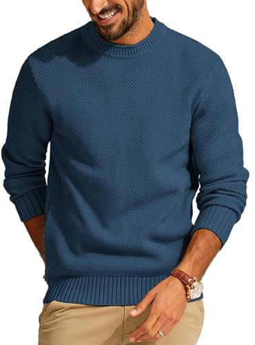 PJ PAUL JONES Jersey de punto fino para hombre, manga larga, corte regular, con cuello redondo, azul oscuro, M