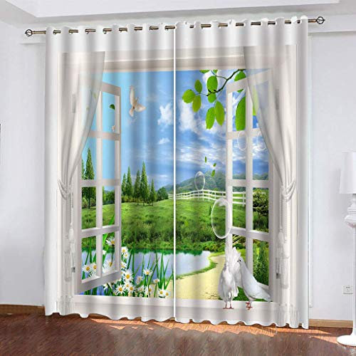 Vorhänge Blickdicht Schlafzimmer Wohnzimmer - 2Er Set Modern Vorhang Mit Ösen 160X200Cm (HxB) 3D Fenstergrüne Landschaft Muster Druck Verdunkelungs Gardinen Kinderzimmer Schallschutz Thermovorhang