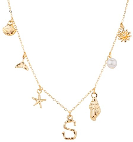 Collier à Breloques Initiales pour Femme, Doré Colliers avec Lettres Coquillage Coquillage Étoile de Mer Collier avec Pendentif Alphabet A-Z Bohème Bijoux Plage d'Été Cadeau pour Filles (S)
