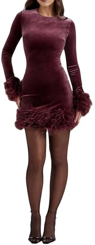 Mini abito da donna in velluto con rifinitura di piume Bodycon a maniche lunghe girocollo vestibilità aderente abito da sera per feste, Rosso vino., S