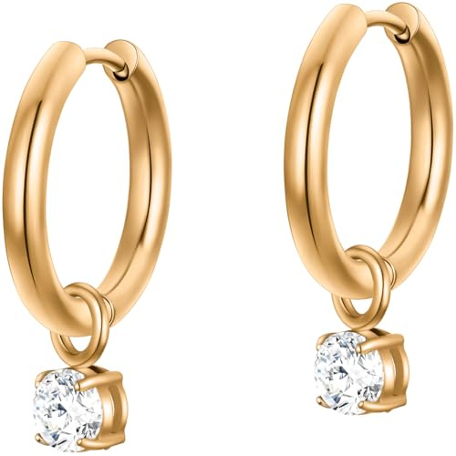 day.berlin Damen Ohrringe Creolen Fiona in Gold 18k vergoldet, 16mm Durchmesser mit Zirkonia Kristall Anhänger (5mm), Ohrhänger aus 316L Edelstahl, nickelfrei und wasserfest