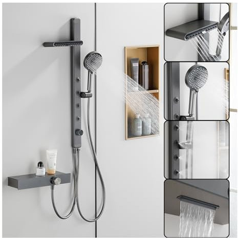 WRKMH Mitigeur Baignoire Cascade, Robinet Baignoire avec Douchette, Gris Pistolet Robinet de Baignoire Mural Chaud et Froid Mitigeur de Baignoire avec Jet de Taille, Spray Dorsal