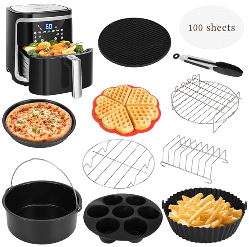Heißluftfritteuse Zubehör,12 Stück Airfryer Zubehör für Aigostar 4.2L, 7l,COSORI 5,5L, Philips 6.2L, 7,2L, Cecotec 6L, Tefal 6,5L, BPA-frei, mit Pizzablech, Backpapier,Waffelform