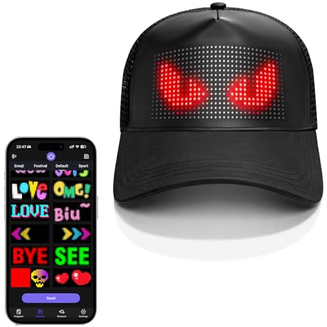 XAXVSTS Bright LED Hats, Full-Color LED Display 16 * 32 Pixel Screen Smart LED Caps, Bluetooth APP Control, Custom Text, Patterns, Animations for Party Christmas Black