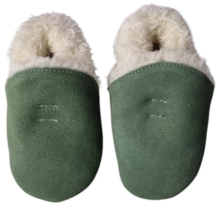 Dotty Fish Chaussons en daim pour bébé et enfant – Semelle souple antidérapante, doublure polaire chaude, effet pieds nus – Garçon & fille - Vert 12-18 mois