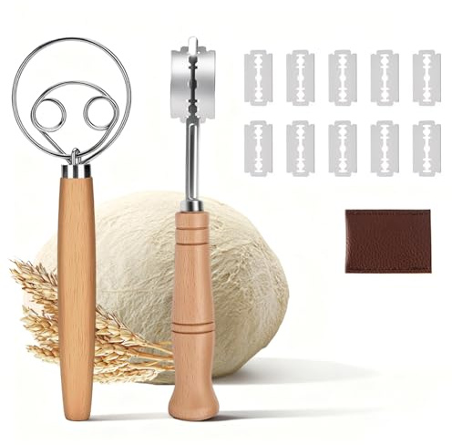 LIULINY 2 Piezas Cuchillo de Panadero, Juego Cortador Masa y Batidor Danés con 10 Cuchillas Repuesto, Herramienta Corte Pans para Cortes Rectos y Curvos, Cuchillos de Pan para Hacer Pasteles Masa DIY