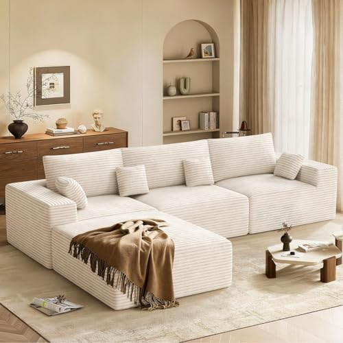Aivermeil L Shaped Modular Sofa 287cm Boneless Couch Beige | Sectional Corner Sofa,3-4 Seater,Memory Foam,Ottoman,No Assembly,Living Room