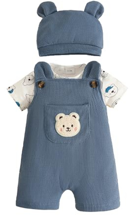 Eqenkely Baby Boy Clothes Newborn Striped Romper T-Shirt with Bear Suspender Overall Shorts Cute Hat 3Pcs Set Summer Outfits 0-18 Months Blue 6-12 Months