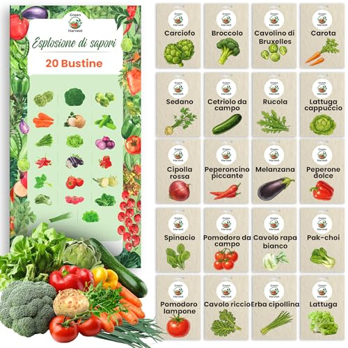 TORAF Set di Semi Orto 20 Varietà – Verdure Premium per Giardino, Balcone e Serra – Broccoli, Pomodoro, Cetriolo, Rucola, Lattuga, Cipolle, Peperoncino – Coltivazione Facile – Semi da Piantare
