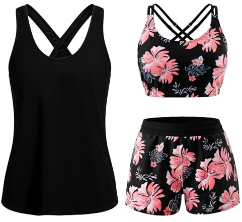Set di Tankini da donna, Costume da Bagno con Incrocio di Lacci sul Retro e Design Forato, Costume da Bagno a due Pezzi, Slip Boxer Shapewear per Snellire la Pancia (IT, Testo, M, Regular, Regular)