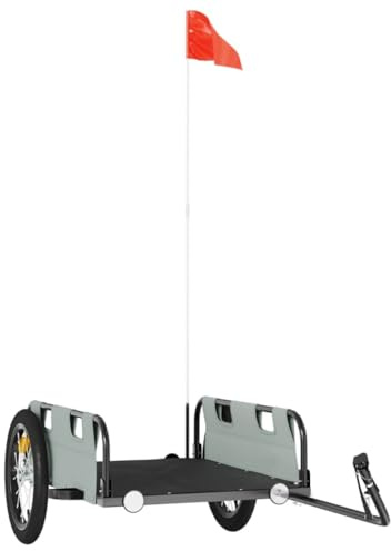 Rimorchio per bicicletta grigio tessuto Oxford in ferro verniciato a polvere, 126 x 63 x 36 cm, 45 kg, con catarifrangenti e bandiera per trasporto, carico, all'aperto e vita quotidiana