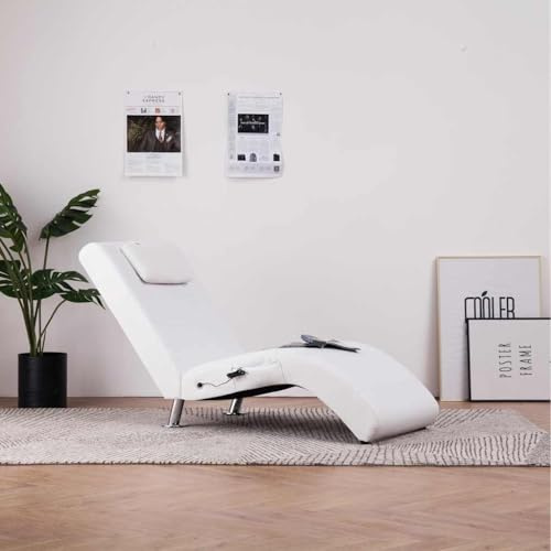 Boltkex Massage-schäslong med kudde, vit, konstläder, ergonomisk stoppningssäng med värmefunktion och 5 massagelägen, galvaniserade stålben, 144 x 59 x 79 cm, perfekt för vardagsrum, kontor, läshörn