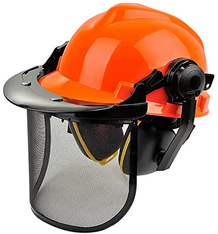 Glomora Casco de Seguridad con Visera y Orejeras, Casco Forestal de HDPE con Protector Facial de Malla de Acero Naranja