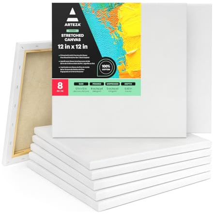 ARTEZA Stretched Canvas, 12 x 12 Inches, Pack of 8, Blank White Square Canvas for Painting for Acrylic, Oil and Gouache Paints