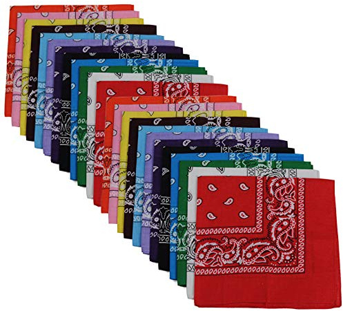 BSLINO Bandanas 24pcs 22 X 22 Inch 100% Cotton Bandana Novelty Double Sided Print Paisley Cowboy Bandana Party Favor Scarf Headband Handkerchiefs Two Dozen