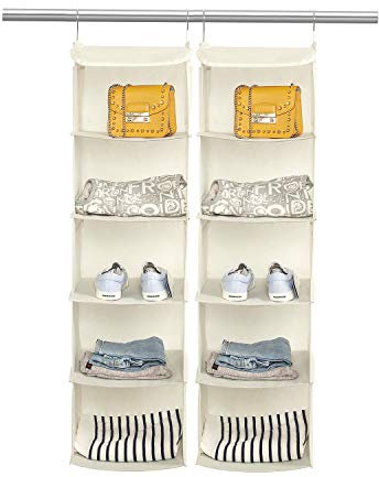 BrilliantJo 2 PCS Hanging Wardrobe Closet Storage with 5 Shelves Organiser, Storage Shelves Unit with 6 Pockets for Clothes -Beige(12 x 12 x 43 inch)