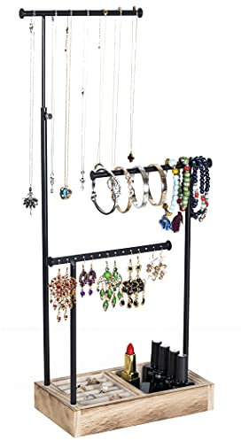 Becko Schmuckständer Schmuck-Organizer-Ständer Kettenhalter Schmuck Schmuckbaum Uhrenständer Ohrringhalter mit ausziehbaren Stangen für Halsketten Armbänder Ohrringe Uhren und Ringe - Schwarz