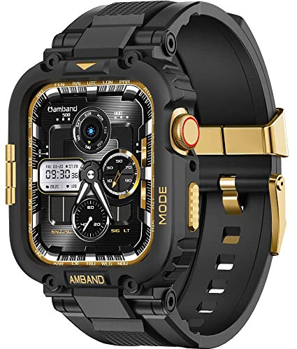 amBand Bracelet et Coque Compatibile avec Apple Watch serie 9/8/7 45mm et Tough Case Protection, M1 Sport Serie Robuste Bracelets et Cover pour iWatch Serie SE/SE 2/6/5/4/3/1 42mm 44mm Homme Noir Or