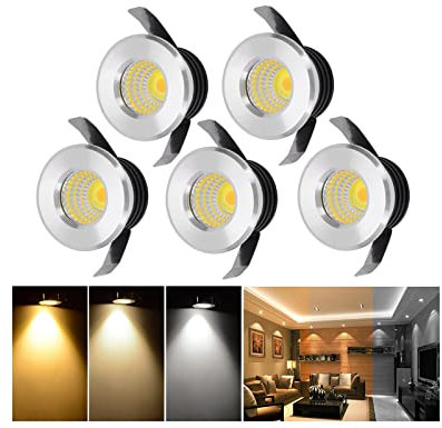 Audor Mini LED Einbaustrahler Dimmbar Set 5er, 3W LED Deckenstrahler COB Led Spot Aluminium Einbauleuchten Decke 3000K-6000K Einstellbar 3 Farbtemperature für Weinschrank/Schrank/Küche/Wohnzimmer