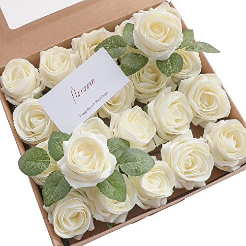 Floroom Artificial Flowers 20pcs Real Looking Ivory High-Centered Foam Fake Roses with Stem for DIY Wedding Bouquets Bridal Shower Centerpieces Floral Arrangements Party Tables Home Decorations