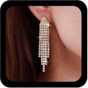 Inilbran Boho Rhinestone Chandelier Earrings Gold Cz Tassel Chain Drop Earrings Sparkly Cz Crystal Studs Earrings Wedding Cz Fringe Dangle Earring Jewelry for Women and Girls