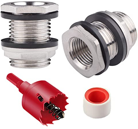 2 Pack Stainless Steel Bulkhead Tank Fittings, Double 3/4 GHT Male to 1/2 NPT Female Threaded Garden Hose Bulkhead Water Tank Connector with hole saw
