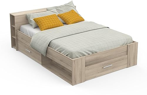 Lit avec Rangement 140x190 Style Contemporain 3 Tiroirs – Coloris Chêne - 150,1 x 217,1 x 74,3 cm