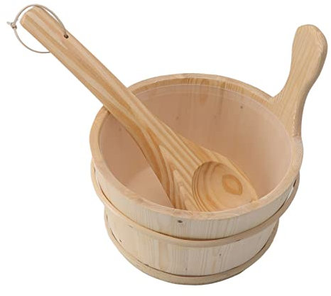 BestAlice Ensemble de Seau et Louche de Sauna, 1 Gallon (4L) Seau de Sauna en Bois Fait à la Main avec Doublure et Poignée en Plastique, Accessoires de Sauna pour Spa, Piscine, Baignoire de Massage