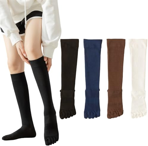 IECSHDU Calzini alti al ginocchio da donna, 4 paia, a cinque dita, calzini alti al ginocchio, calzini per yoga, pilates, sport all'aria aperta, 4 paia 2 (nero+navy+marrone scuro+bianco), Medium