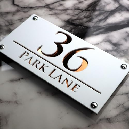 K SMART SIGN | LUXE H3 F32 | House Numbers Plaques House Numbers Door Laser Signs Number Name Personalised Plaques For Outside 3D Laser Cut acrylic Mirrored Marble (Matt White & Copper Mirror)