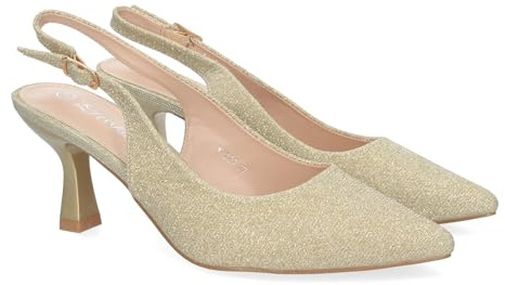 shoes&blues.es 81494-Zapato de Salon para Mujer, Diseno Elegante con Tacon, Abierto por el Talon, Puntera Fina y Cierre de Hebilla Ajustable.. Talla 36 Oro