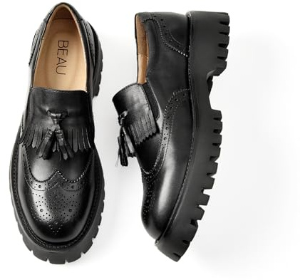 BEAU TODAY Chunky Loafers for Women, Women’s Leather Platform Loafers, Lug Sole Tassel Slip On Loafers Shoes Brogues Wingtip Casual Business Shoes Comfortable Dressy Black US 7.5