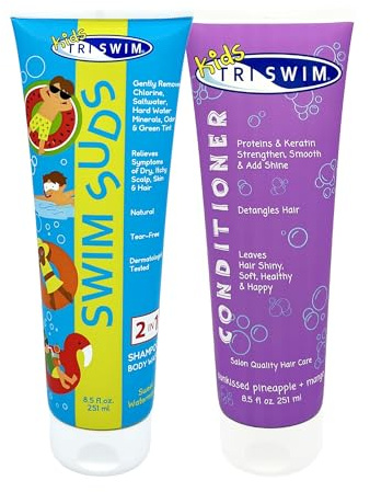 TRISWIM Kids Swim Suds & Conditioner Set 8.5 fl oz each | Natural Tear-Free 2-in-1 Shampoo Chlorine Removal & Body Wash with Detangler - Gentle Hair and Skin Care Solution for Active Kids