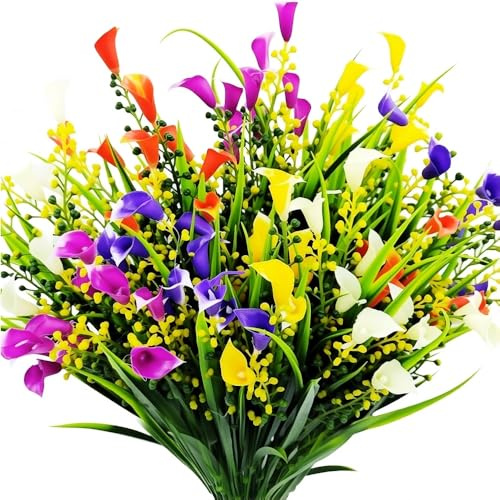 Aisamco 12 fasci di fiori artificiali all'aperto resistenti ai raggi UV finti fiori di calla per la decorazione, 5 colori fiori finti casa finestra giardino parete patio appendere fioriera decorazione