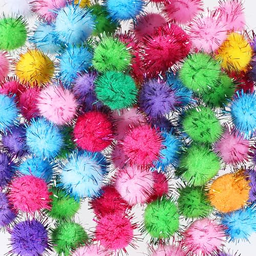 Oruola 100 unidades Mini Pompones de 1.6-0.8 pulgadas Multicolor Glitter para manualidades, arte de bricolaje, decoraciones creativas y juguetes para gatos