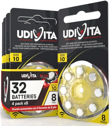 32 Pilas para Audífonos Tamaño 10 Udivita PR70 (Amarillo) Zinc-Aire Hearing Evolution con Tecnología Phono Pulse - 4 Blísteres de 8 Pilas