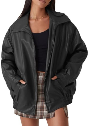 FSVABY Womens Oversized Faux Leather Motocycle Black Jacket Zip Up Outwear Coat with Pockets (Black, Medium)
